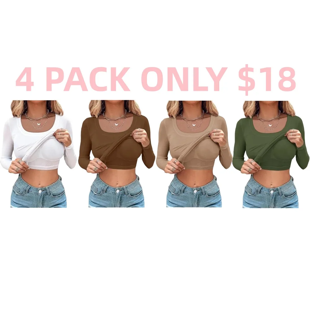 U-Neck Built-in Bra Long Sleeve Ribbed Top Shirts Elegant Skinny Fit Fabric