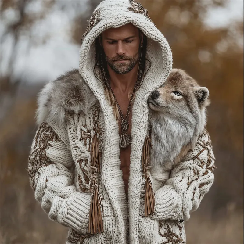 Men's Vintage Western Wild Wolf Chunky Hooded Cardigan