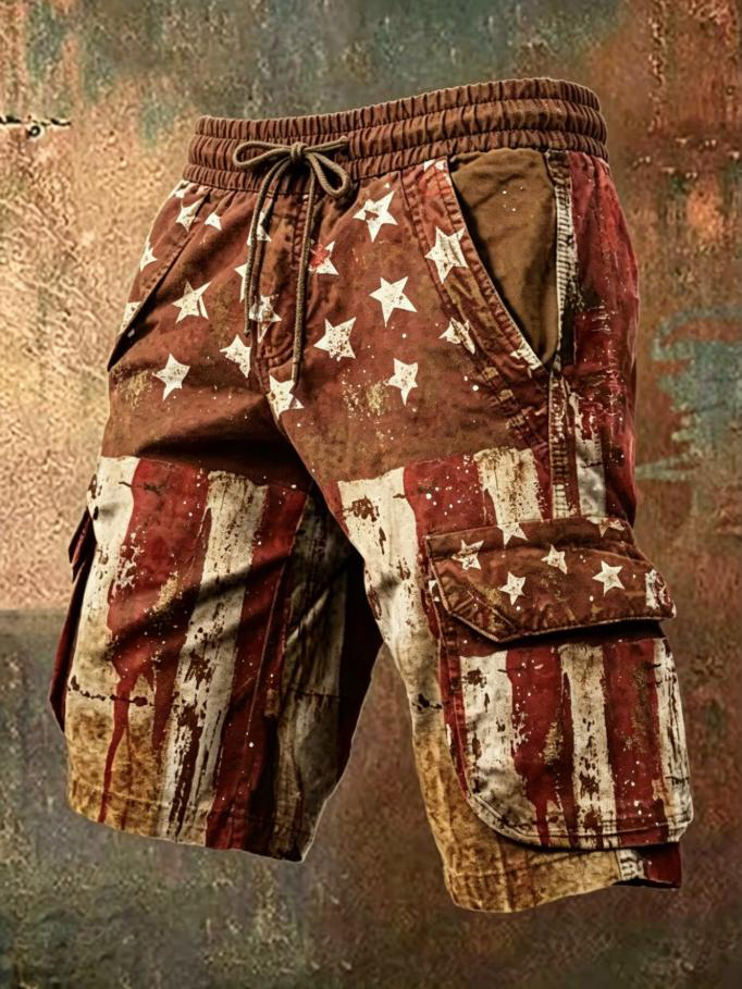 Men's American Flag Stars Vintage Art Print Drawstring Waist Casual Shorts