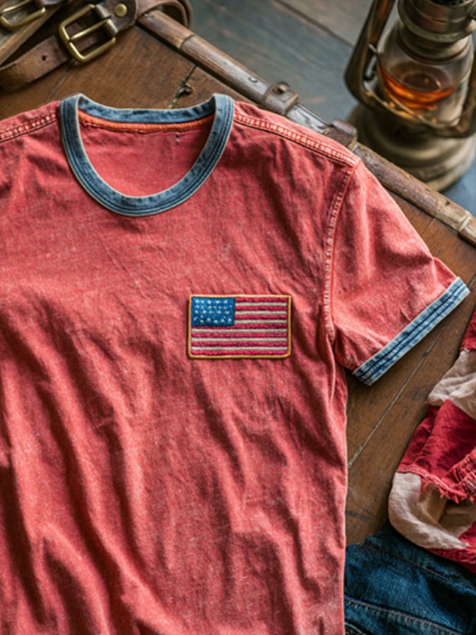 Men's Retro Patriotic Color-Block Crew Neck Short-Sleeve T-Shirt