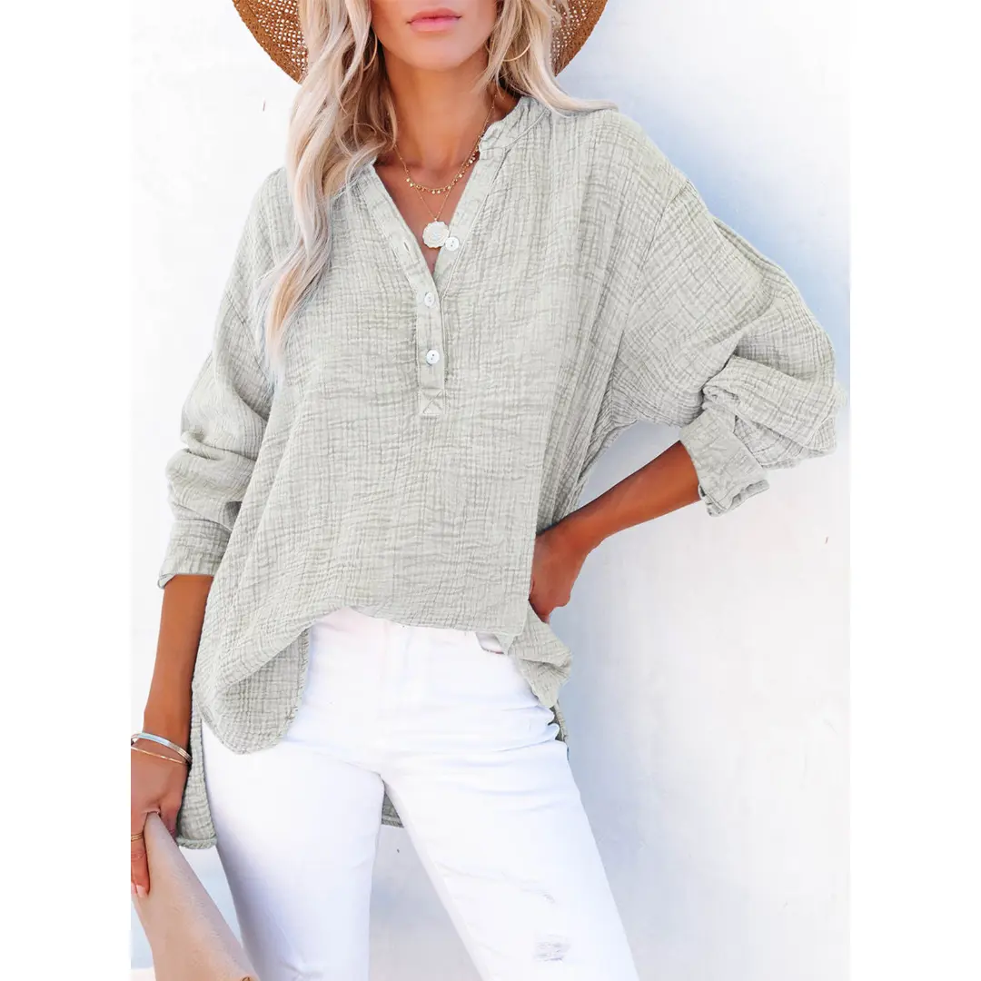Dokotoo Women's Casual Button V Neck Long Sleeve Shirts Oversized Solid Blouses Tops 100% Cotton Boyfriend Style Loose Fit