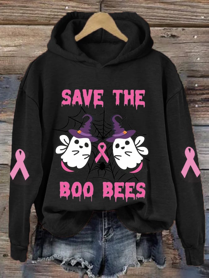 Women's Pink Halloween Ghost Save The Boo Bees Breast Cancer Awareness Warrior Hoodie