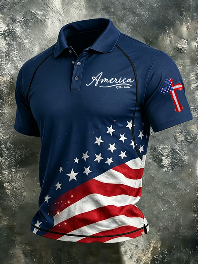 Men'S Retro 1776-2026 American Founding Celebration Printed Shoulder Collar Polo Shirt