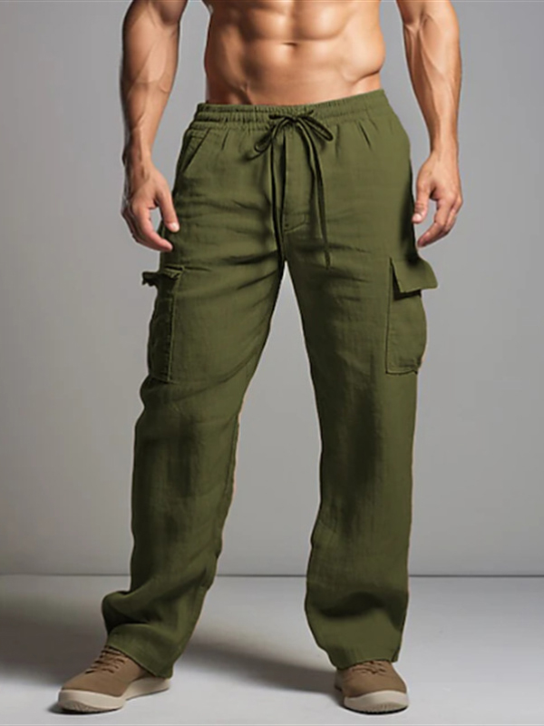 Men's Daily Cargo Pocket Drawstring Elastic Waist Cotton Linen Straight Leg Pants