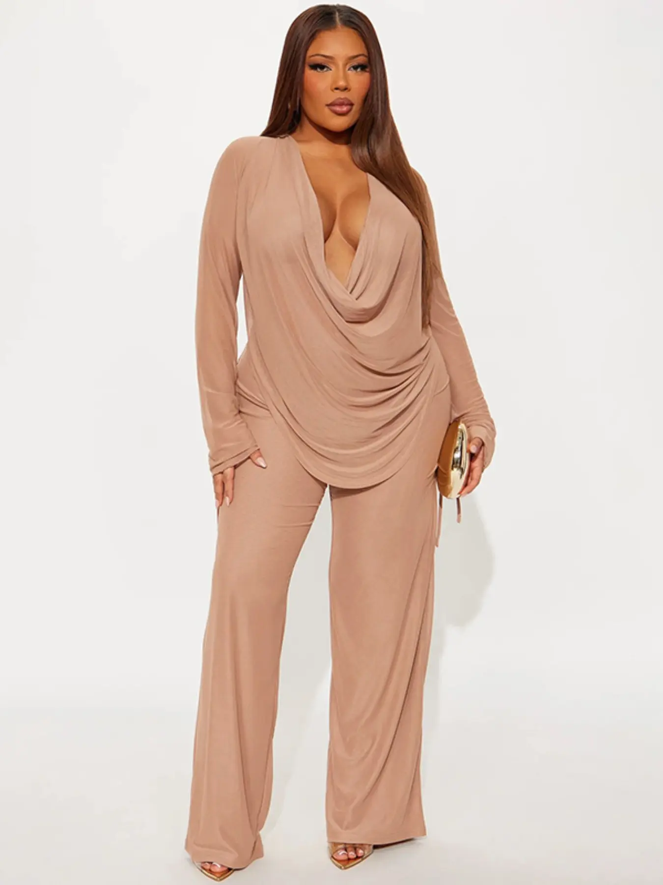 Women's Fashion Casual Two-Piece Set, Deep V Mesh Top & Wide Leg Pants, Trendy Long Sleeve Tie Design, Perfect for Daily Wear