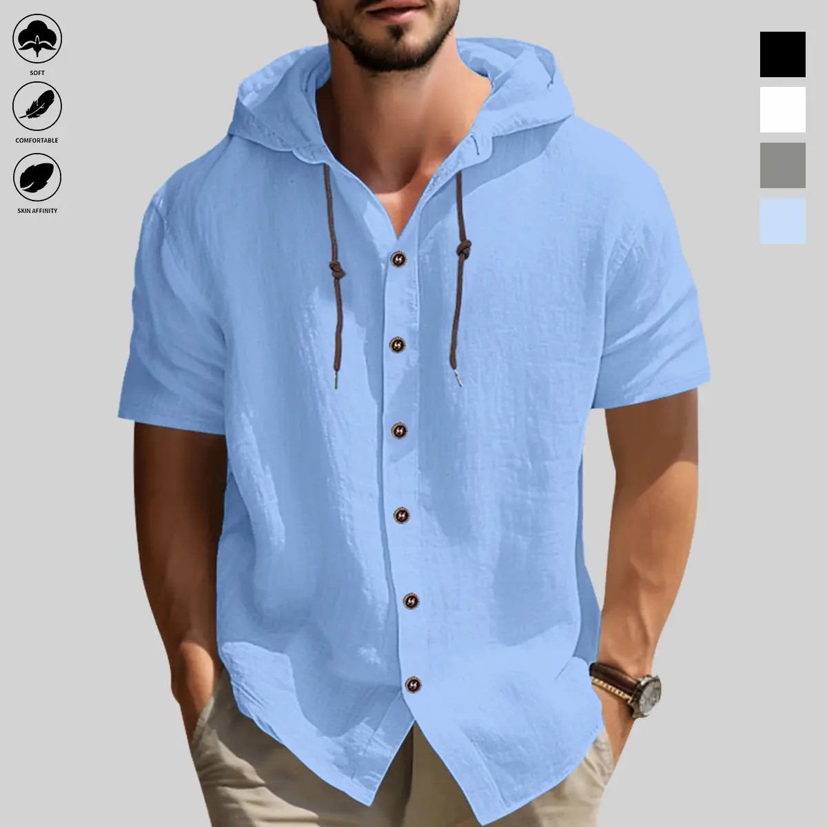 Men’s Hooded Button-Up Outdoor Shirt – Casual Long Sleeve Hiking Top
