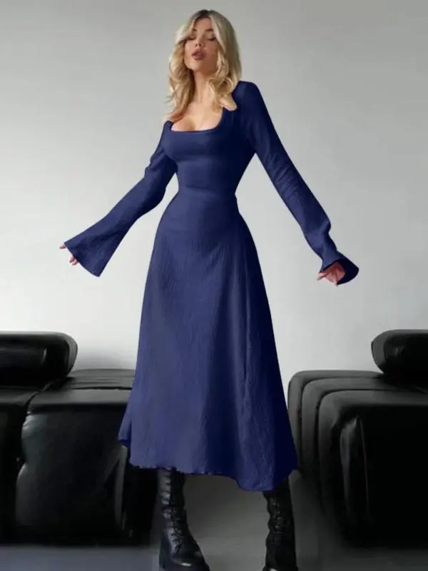 Women's Plain Lace Up Tie Back Flounce Sleeve Dress