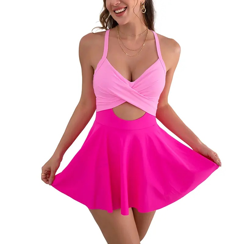 Women Cutout One Piece Skirt Swimsuit V Neck Wrap Tie Back Swimdress Tummy