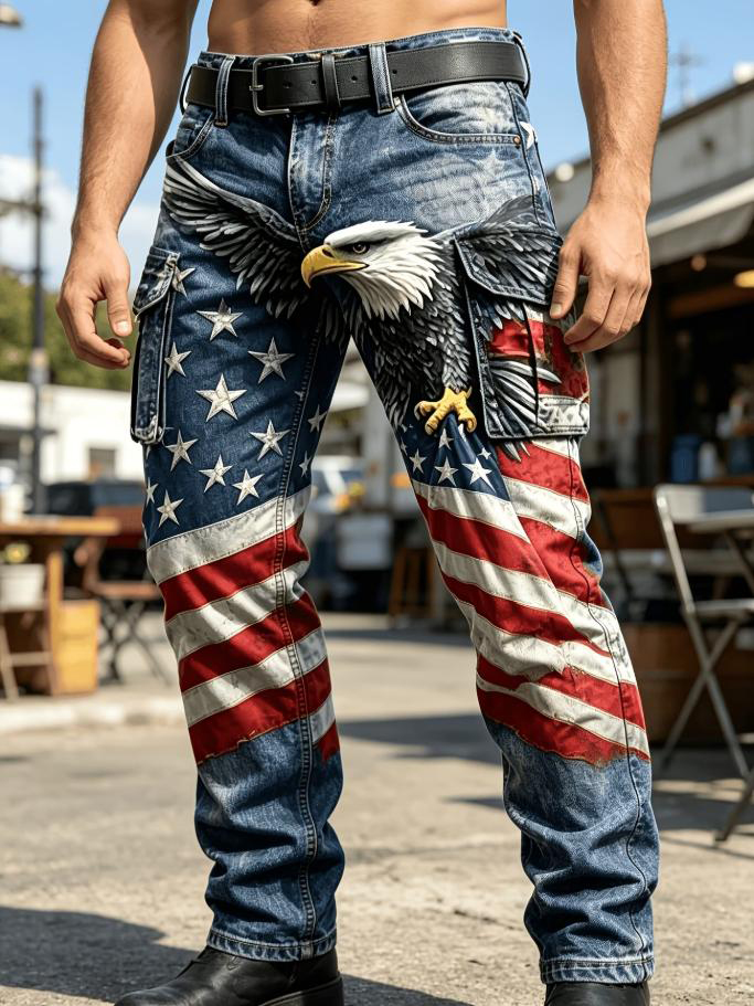 Men's Bald Eagle American Flag Independence Day Print Casual Cargo Pants