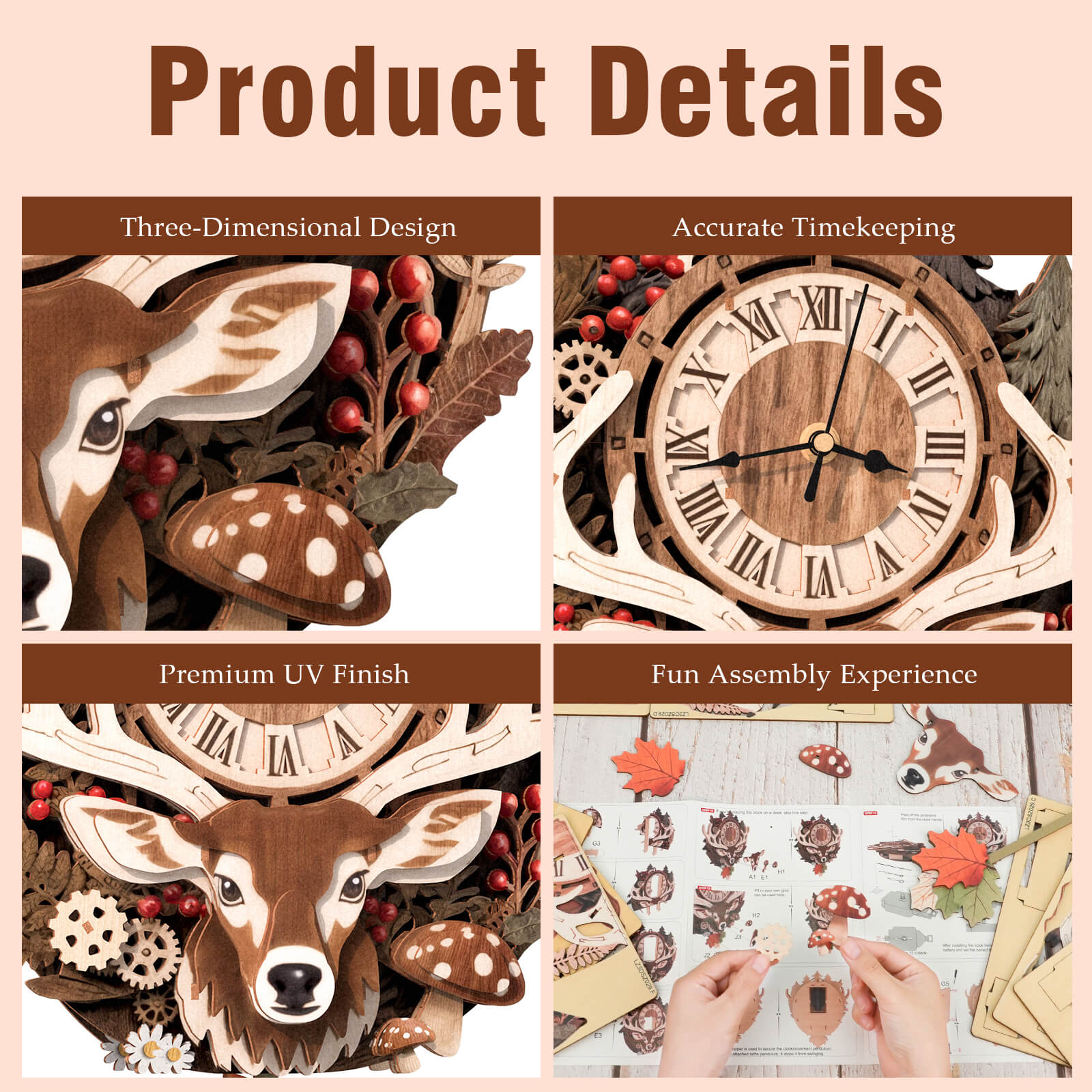 ReindeerDIY Wooden Clock, 3D Puzzle Craft Kit