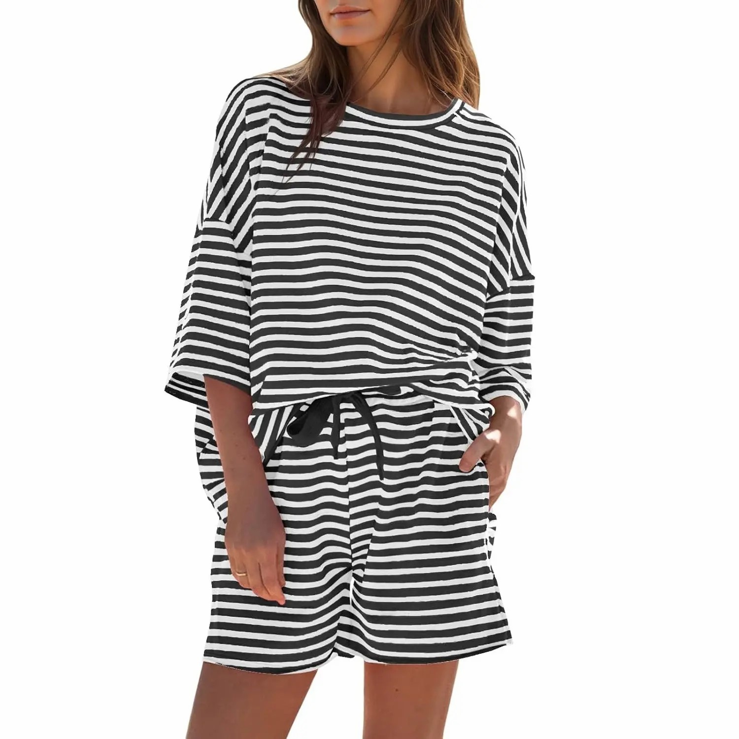 Women's Striped 2-Piece Lounge Set – 3/4 Sleeve Sweatsuit & High Waist Shorts