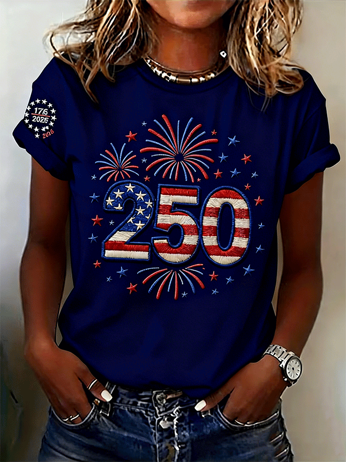 Women's Casual Independence Day (Flag) Crew Neck Short Sleeve T-shirt