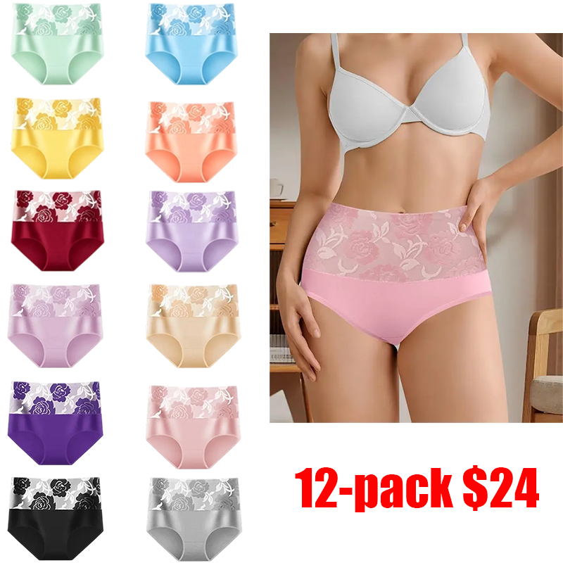 Women's 12-Pack High Waist Cotton Briefs – Tummy Control Hip Lifting Colorblock Printed Underwear S-XXL