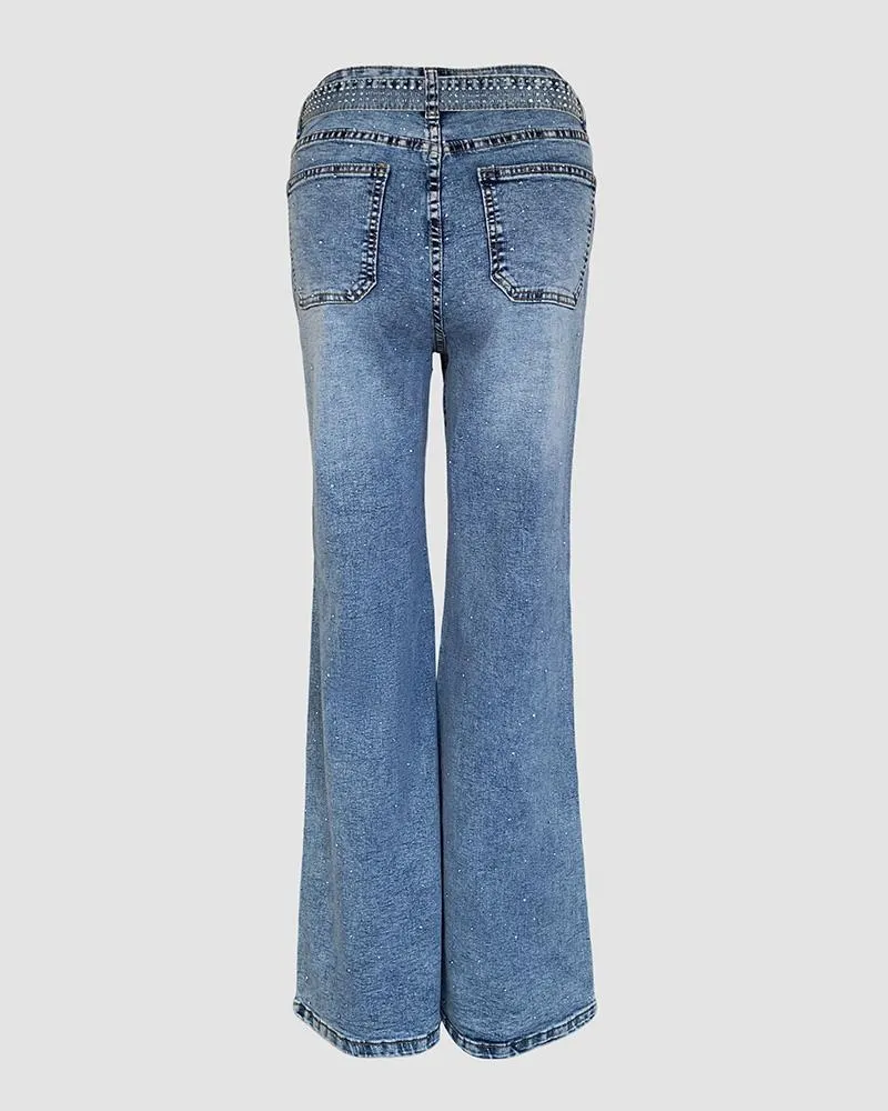 Women's Allover Rhinestone Decor High Waist Zipper Fly Jeans Casual Wide Leg Loose Fit Denim Pants