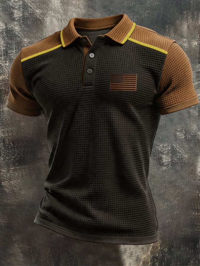 Men's Retro Waffle-Knit Patriotic Color-Block Short-Sleeve Polo Shirt