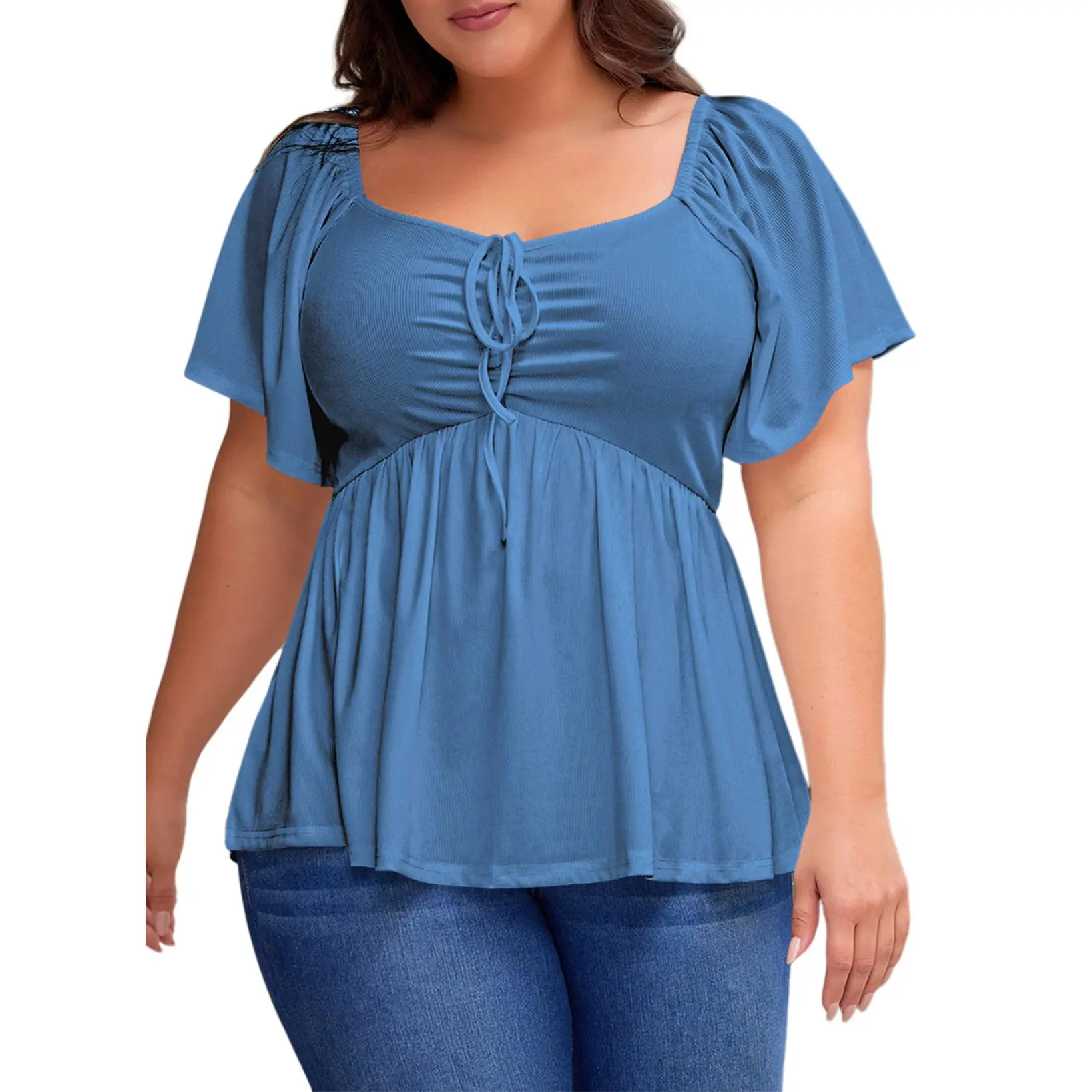 Women Sweetheart Neck Short Sleeve Shirred Peplum Rib Blouse Tops Shirts