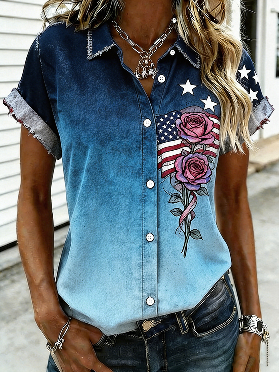 Women's Patriotic Vintage Gradient Rose & American Flag Frayed Denim Shirt