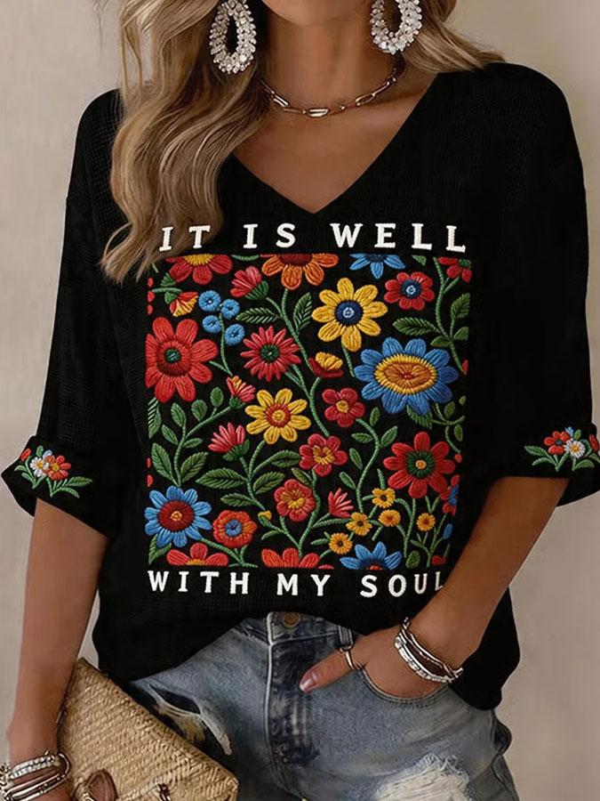 Women's Faith Floral Printed Casual Waffle Long Sleeve T-shirt
