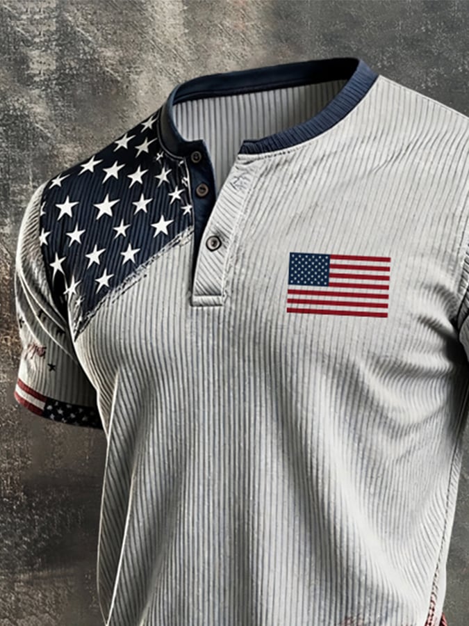 Men's Retro Independence Day Patriotic Ribbed Henley Short-Sleeve T-Shirt