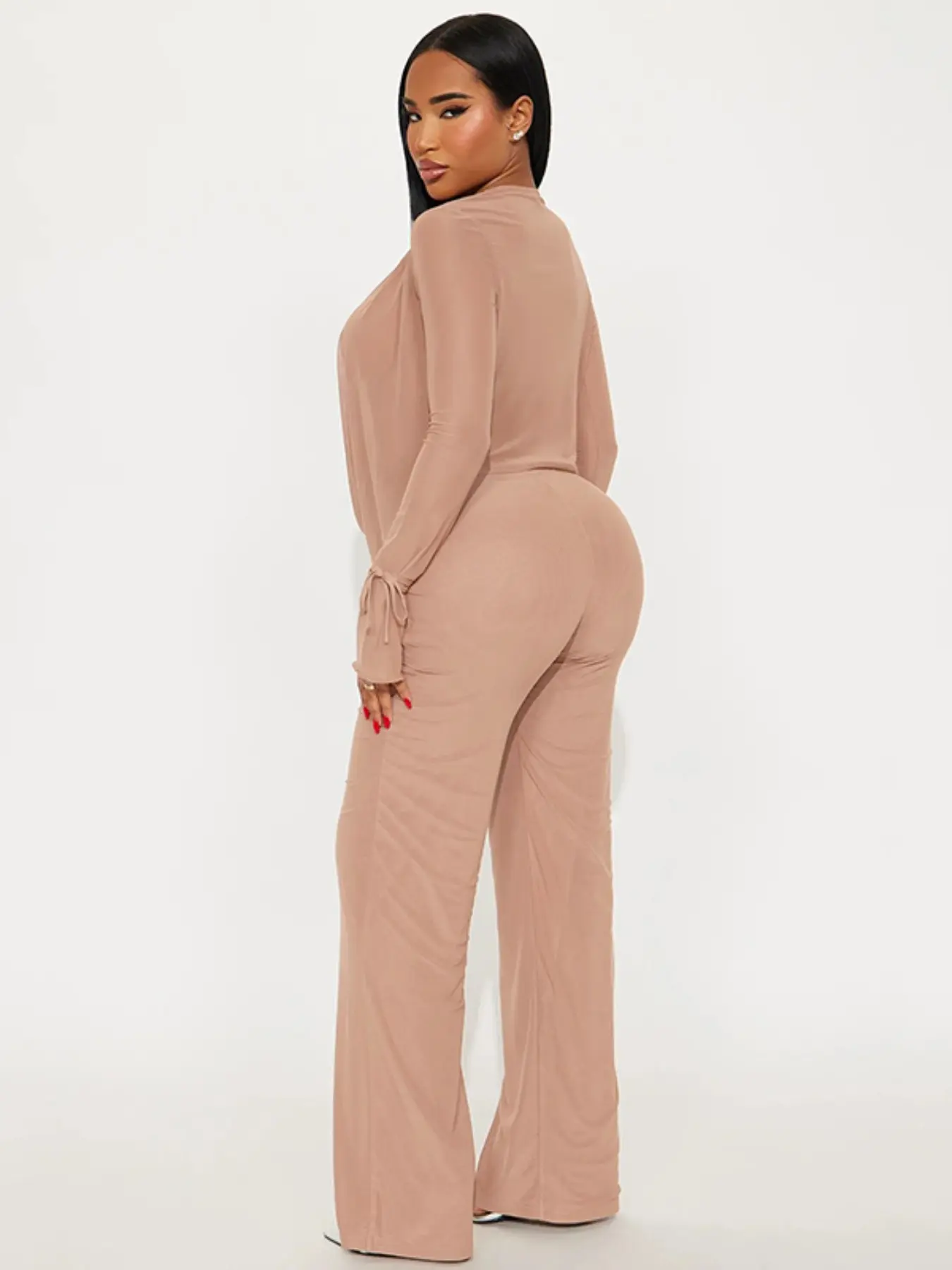 Women's Fashion Casual Two-Piece Set, Deep V Mesh Top & Wide Leg Pants, Trendy Long Sleeve Tie Design, Perfect for Daily Wear