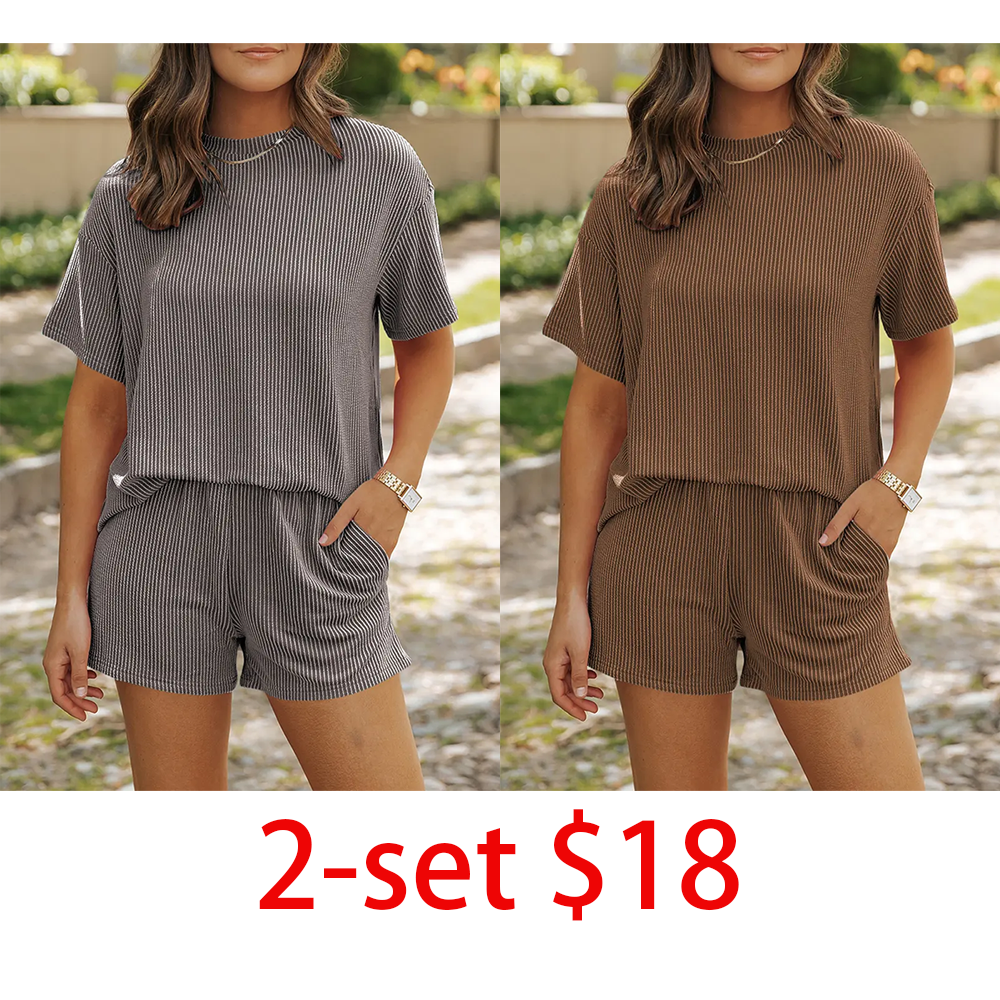Women's 2-Piece Short Sleeve Twisted Thread Shirt & Shorts Set – Ribbed Textured Lounge Pajamas with Pockets