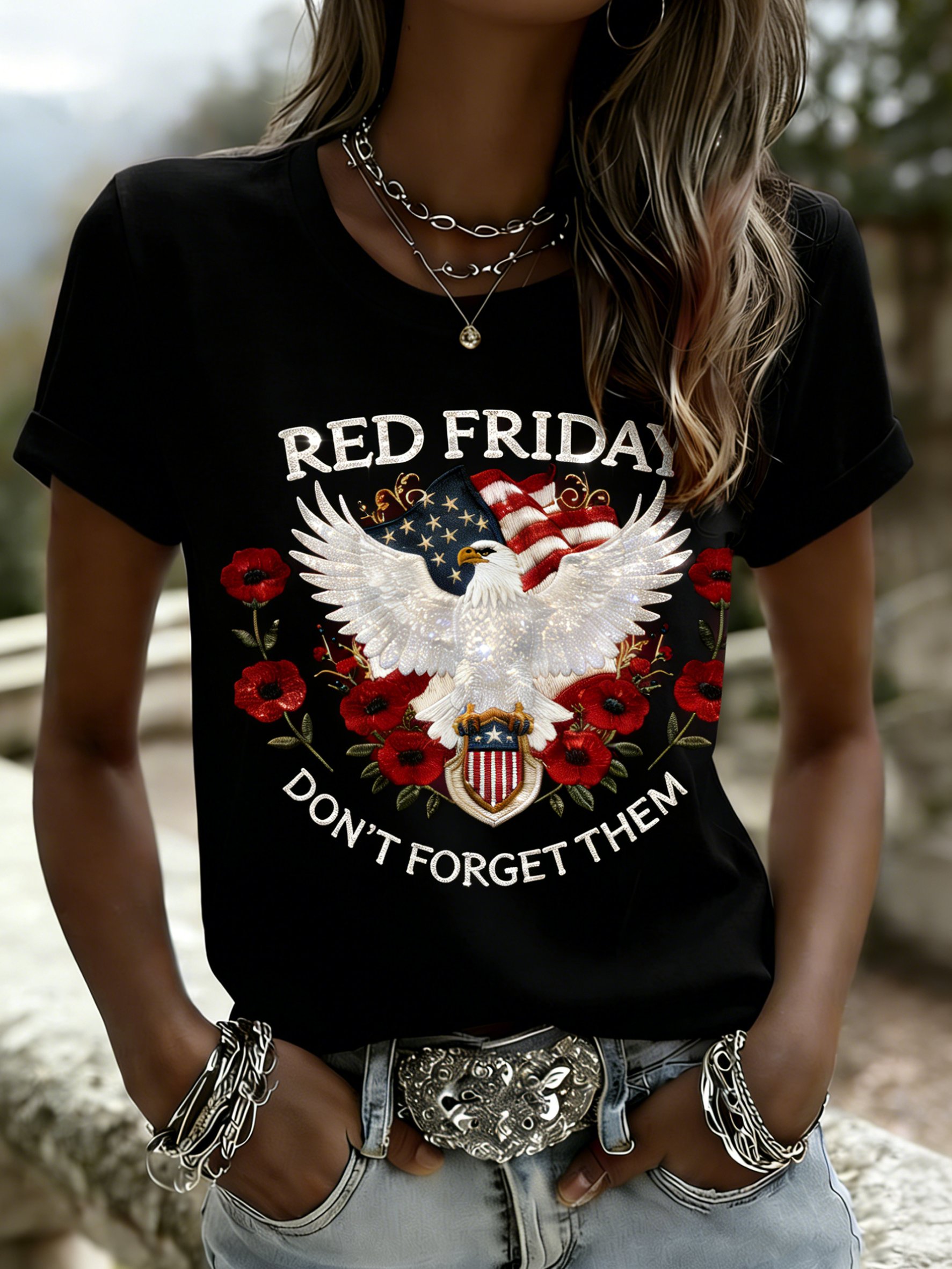 Women's Red Friday Print Casual Crew Neck Top