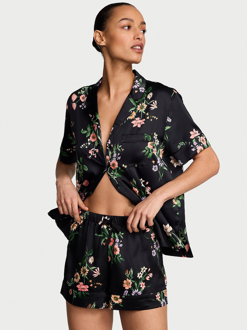 Signature Satin Short Pajama Set Black Botanical