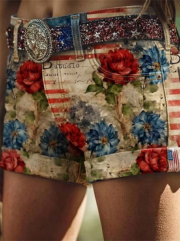 Women's Retro USA Flag Floral Art Print Casual Shorts