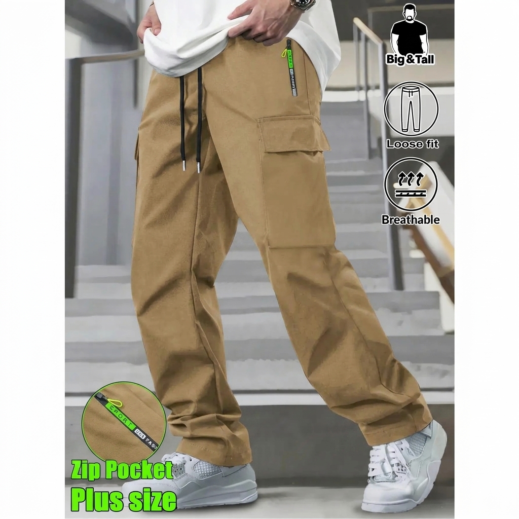 Men's Big & Tall Loose Cargo Pants – Elastic Drawstring Waist, Multi-Pocket, Breathable Streetwear Trousers