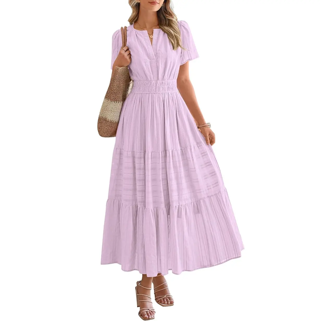 Women's Casual V-Neck Boho Maxi Dress with Pockets