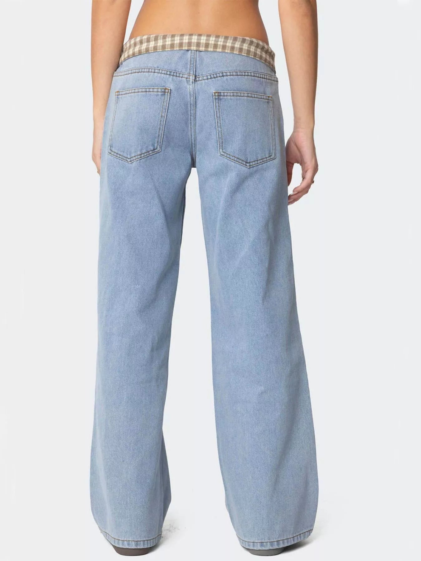 Plaid Trim Wide Leg Jeans