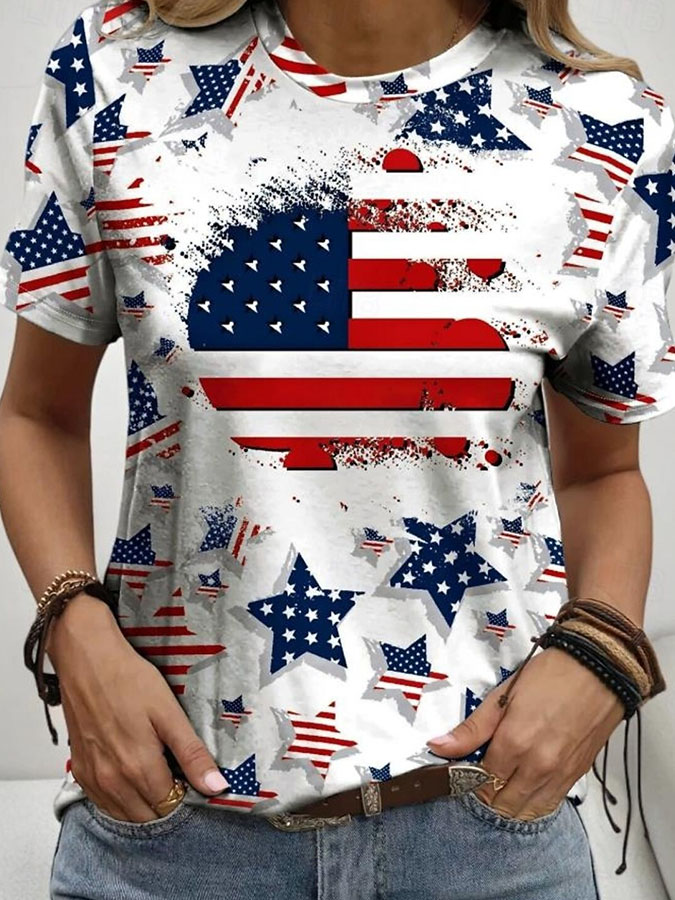 Women's Retro American Independence Day Commemorative Printed Round Neck Short Sleeve T-shirt
