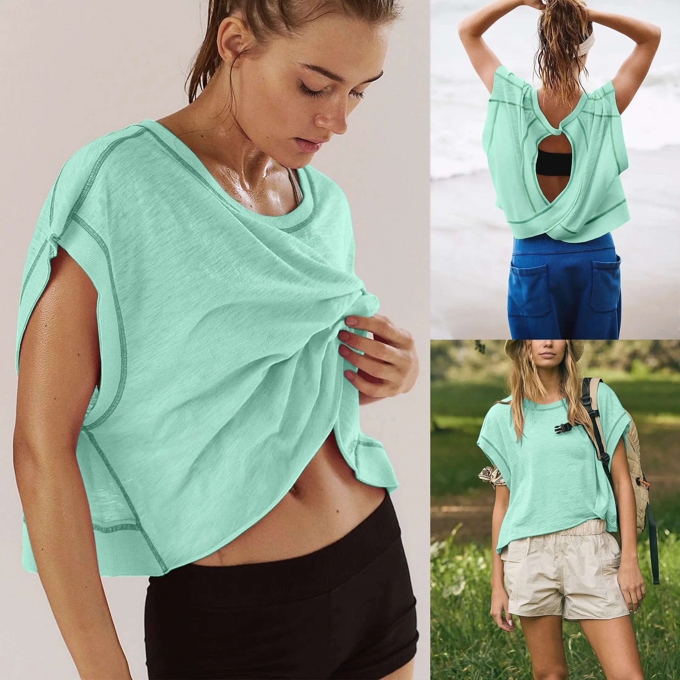 【Stock Up Deals】Women Short Sleeve Workout Shirts Open Back Tops Casual Yoga Y2k Athletic Gym Slouchy Crop Running Tees