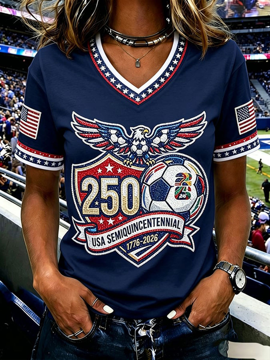 American Soccer Fan Patriotic Graphic Print Women's Casual T-Shirt