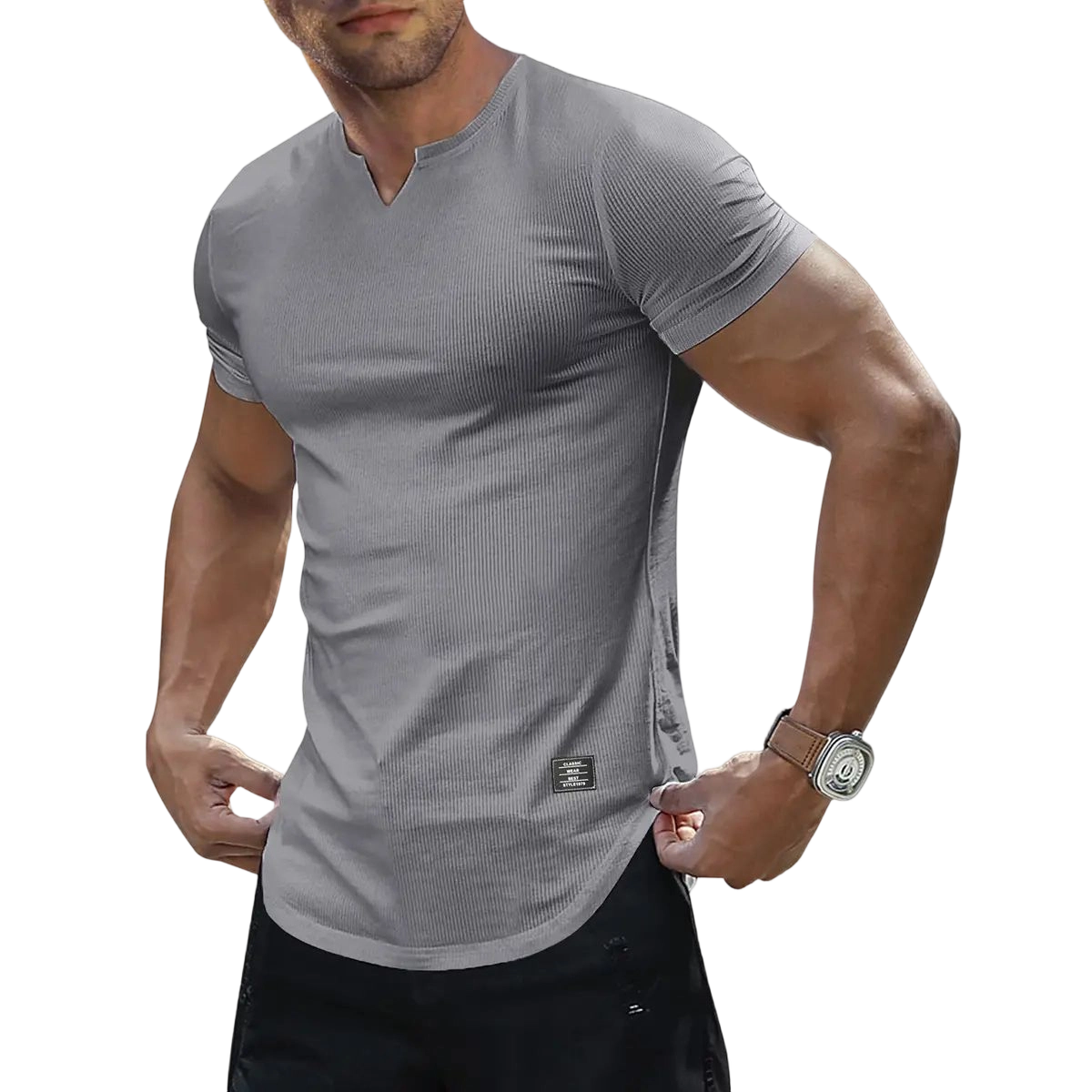 🔥Men's Plain Muscle Slim Fitted T Shirt Polyester V-Neck Longline Shirt