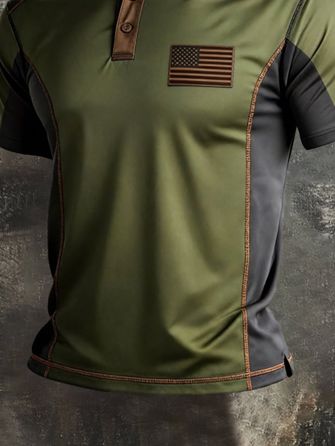 Men's Retro Patriot Color Block Polo Collar Short Sleeve