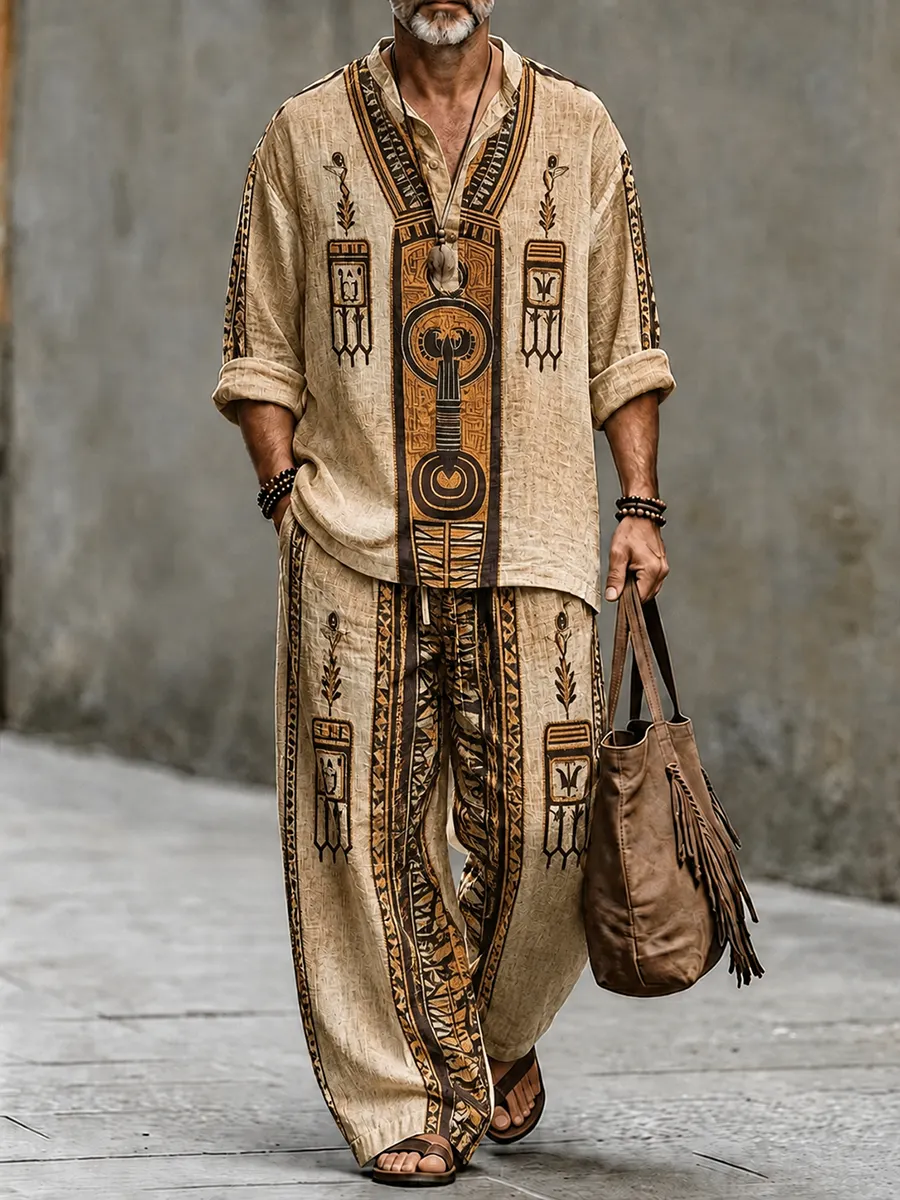 Men's Casual Vacation Set with African-Egyptian Pattern Print