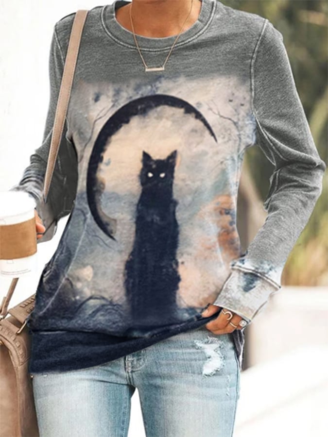 Halloween Vintage Cat Print Sweatshirt