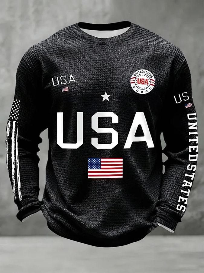 Men'S Retro Waffle American Flag Commemorative 250Th Anniversary Printed Long Sleeve Round Neck Sweatshirt