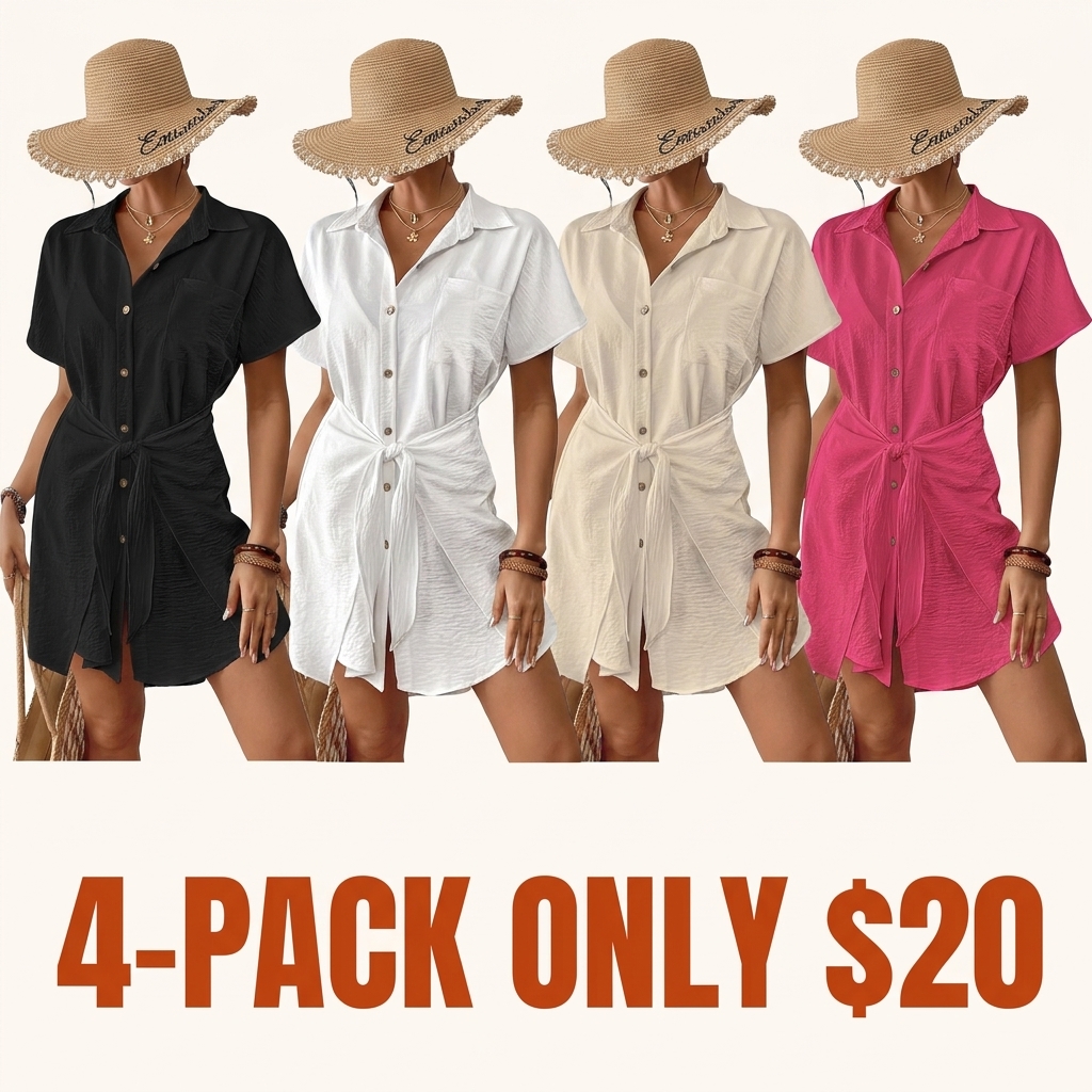 Women's Short-Sleeve Button-Front Tie-Waist Beach Shirt Dress