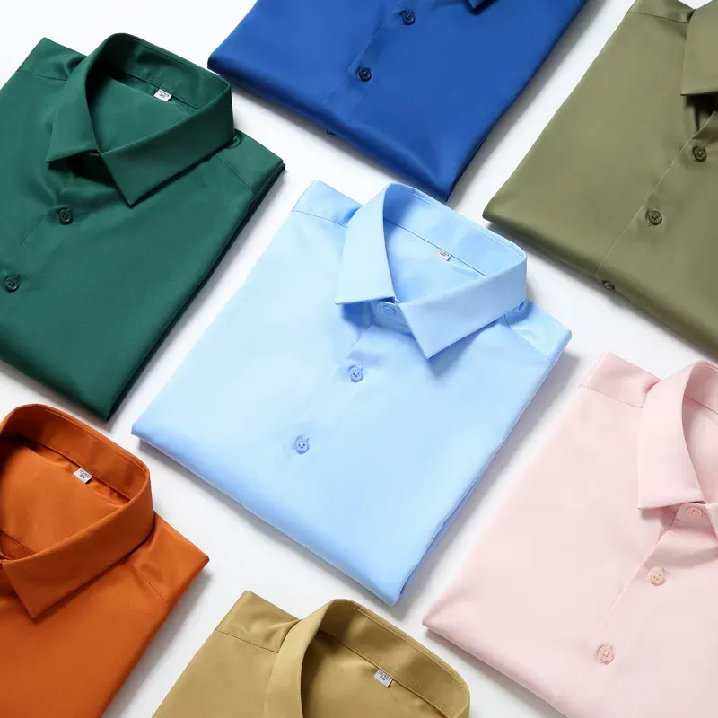 2025 New Elastic Silk White Shirt Men'S Long Sleeve Iron-Free Solid Color Breathable Casual Slim Business Men'S Shirt
