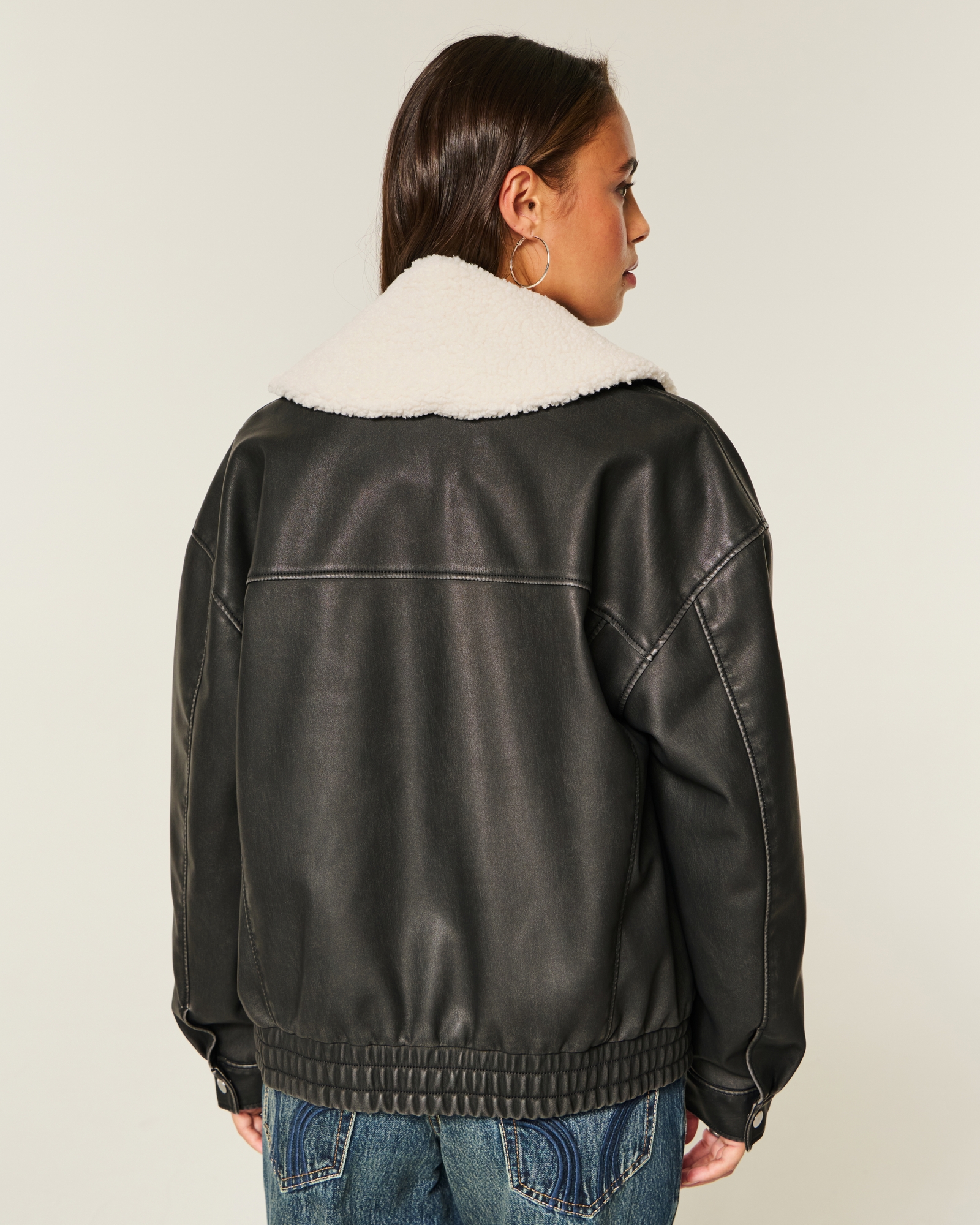Sherpa Collar Faux Leather Bomber Jacket