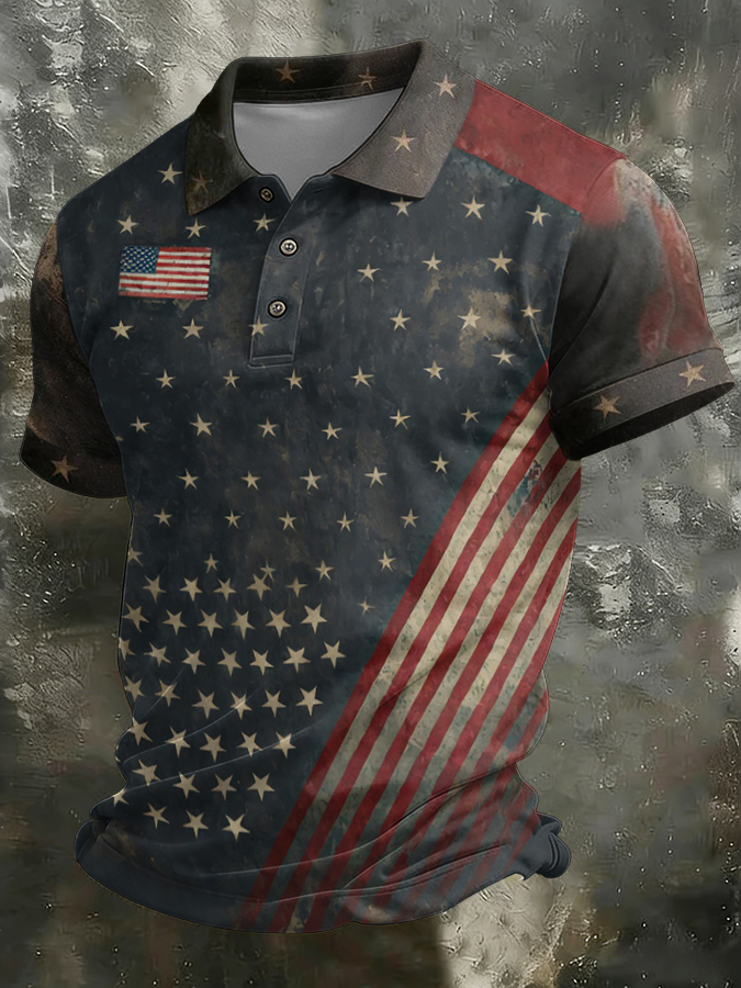 Men'S Independence Day Retro Casual Printed Polo Shirt Short Sleeve