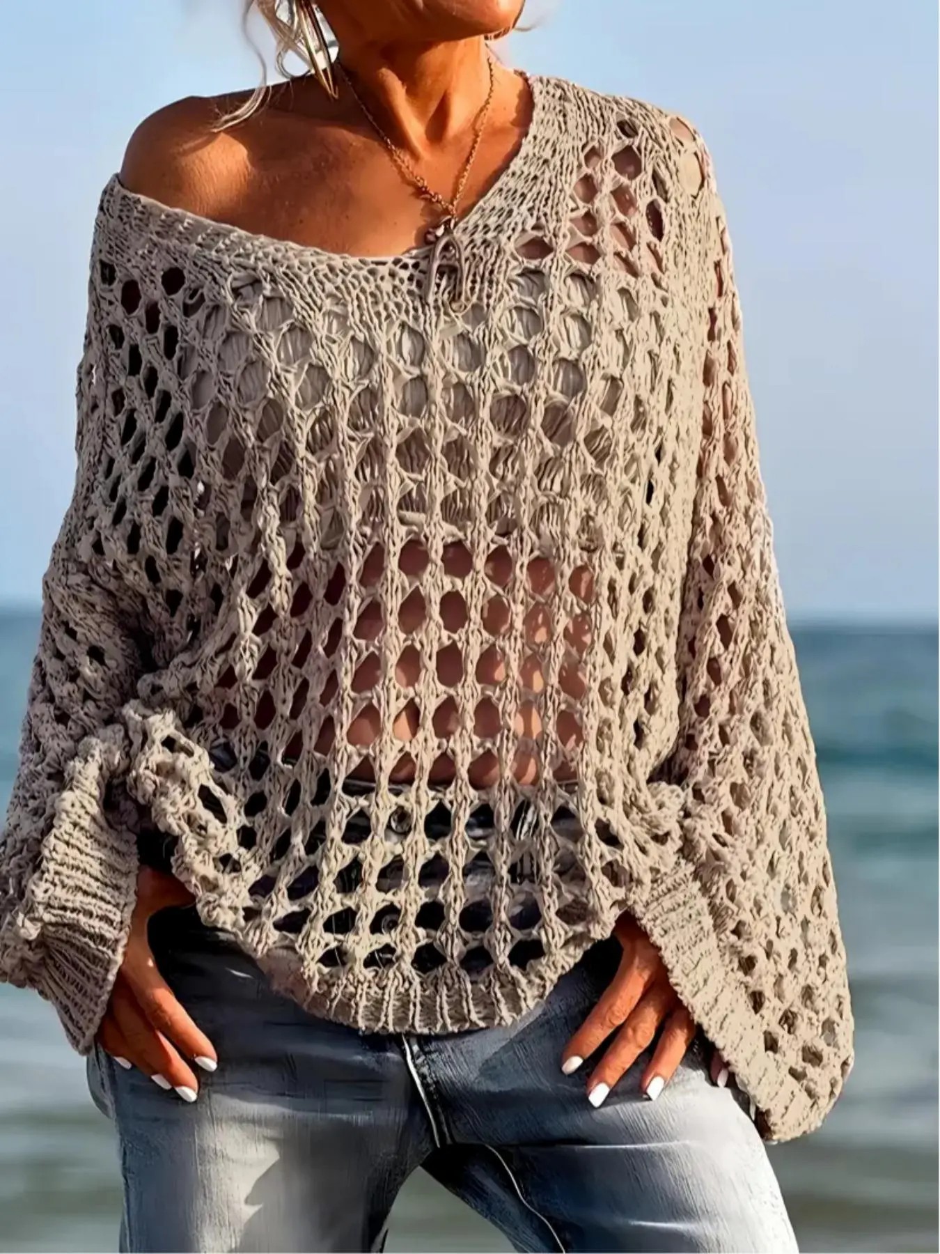 Women’s Casual Loose-Fit V-Neck Knit Top – Hollow Out Design, All-Season Wear
