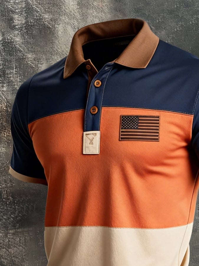 Men's Retro Patriot Color Block Polo Collar Short Sleeve