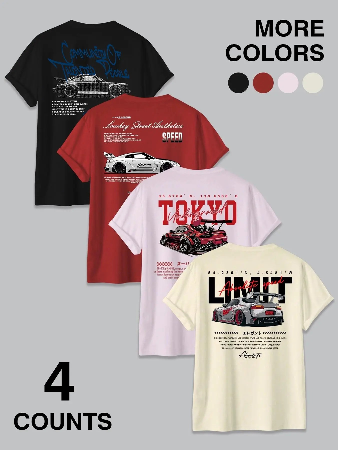 Car & Tokyo Street Aesthetic Graphic T-Shirts | Racing Streetwear Casual Tees Set