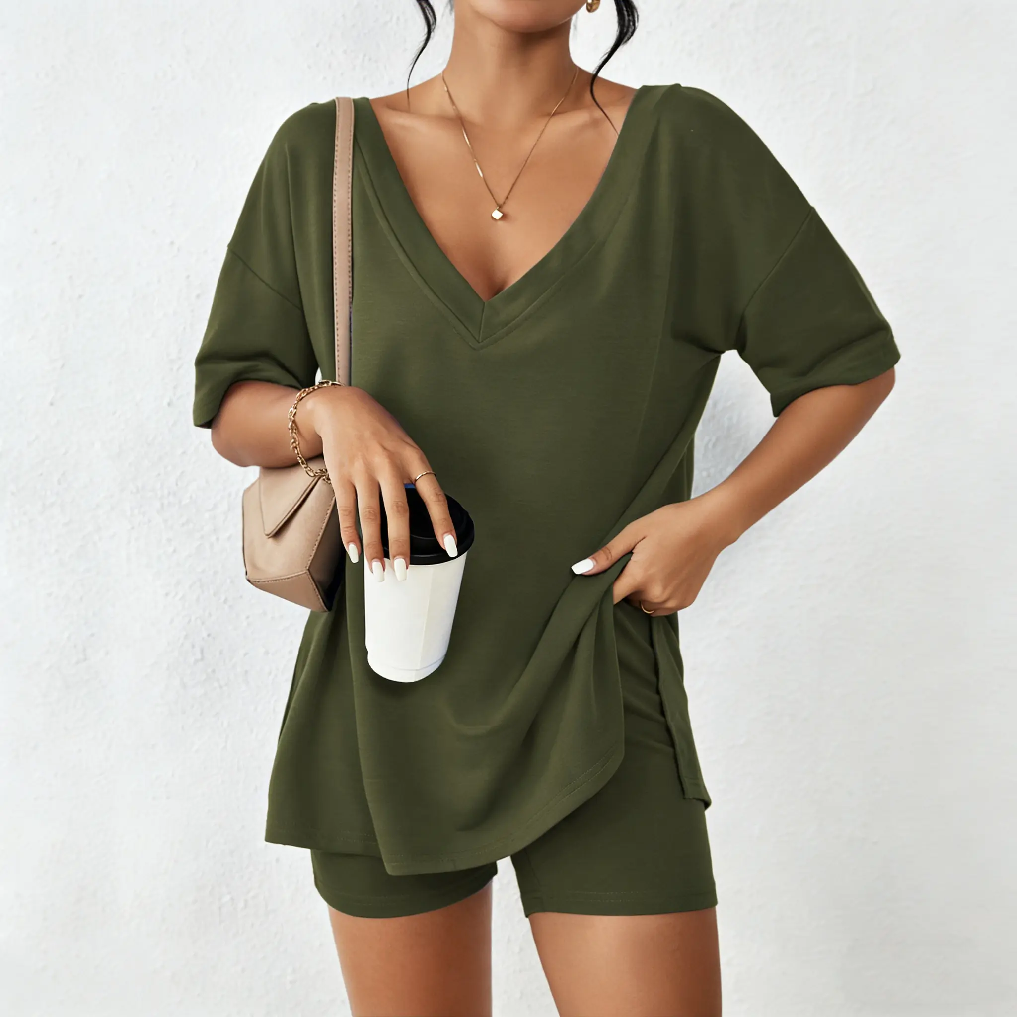 V-neck Two-Piece Pajama Set For Women Summer Casual Oversized Split Hem Shirts & Biker Shorts