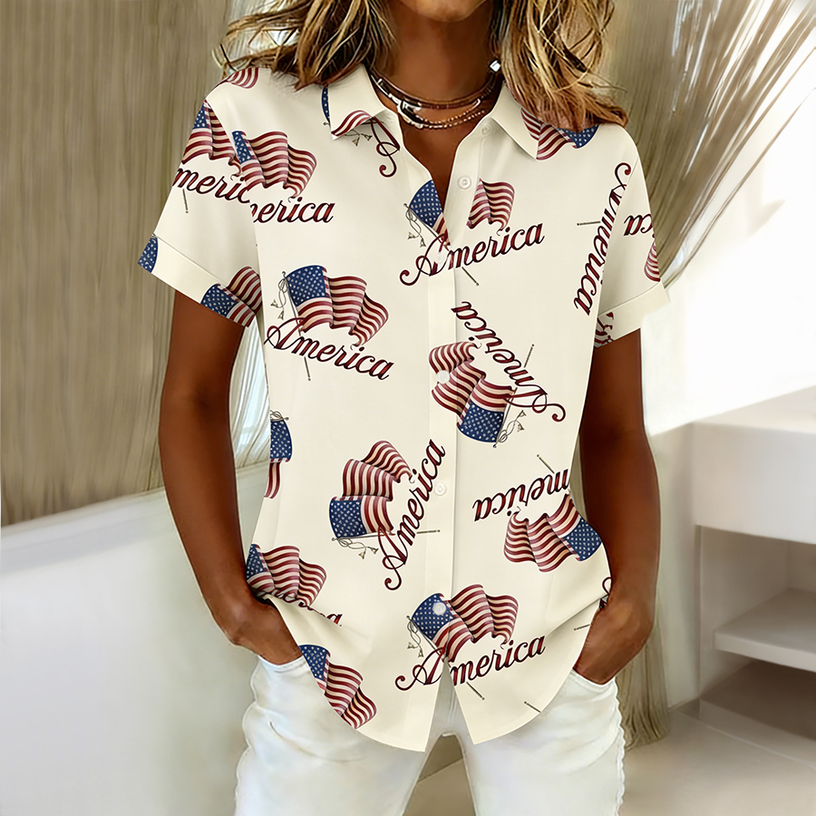 Ladies' Casual Commemorative American Flag Floral Collar Shirt