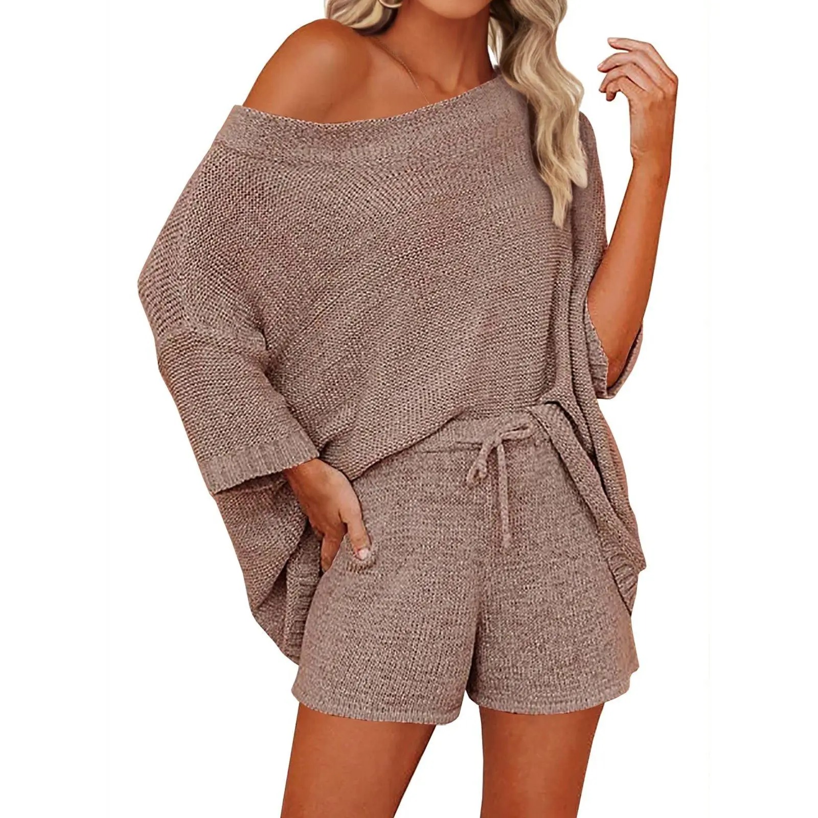 🔥LAST DAY SALE 90% OFF💕Cozy Vibes Off-Shoulder Knit Top & Shorts Lounge Set