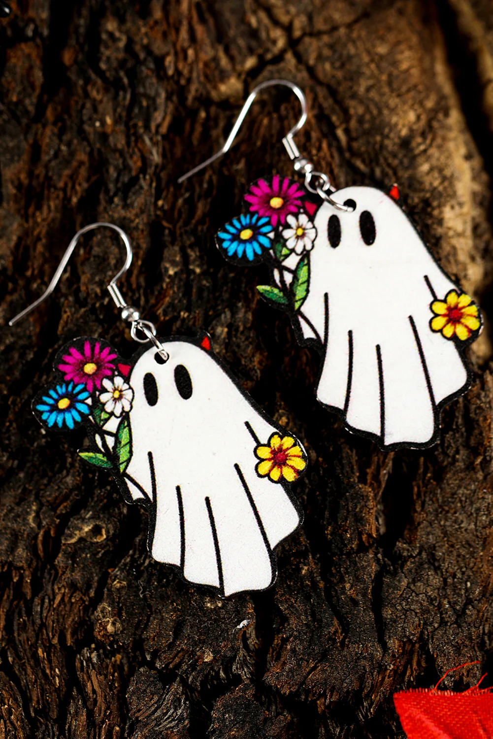 White Cute Ghost with Flower Halloween Hook Earrings